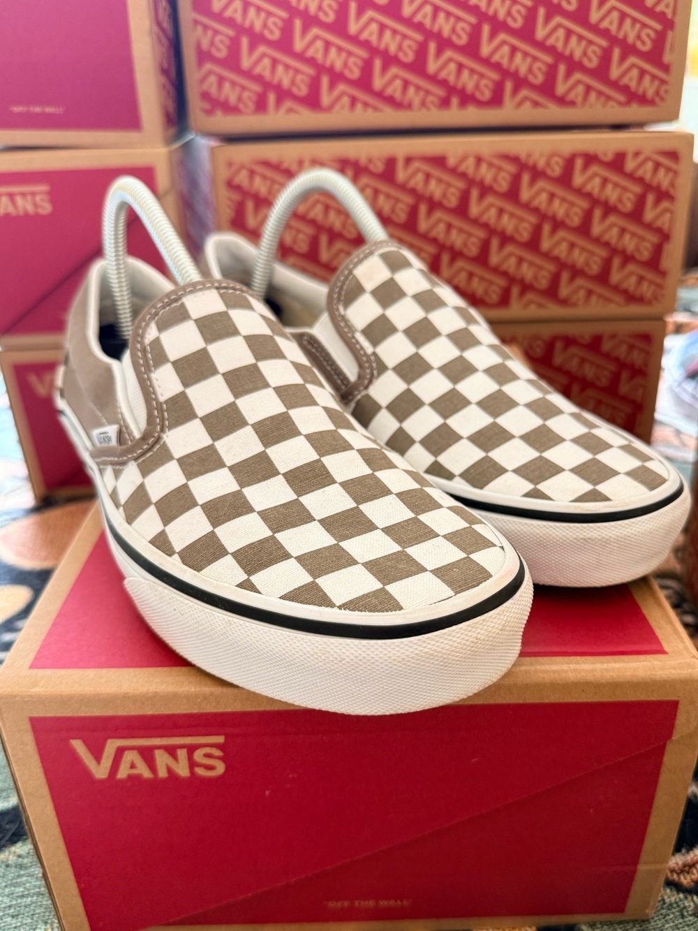 Vans Classic Slip-On Checkerboard in Brown and White - Picture 1 of 5